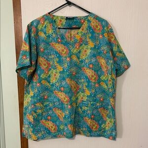 Landau Teal and Yellow Floral Scrub Top PTP 25”
